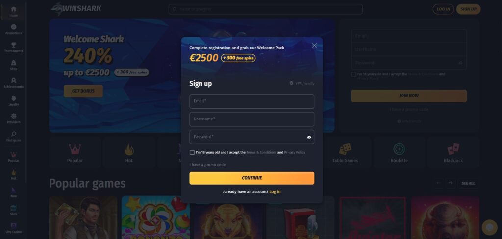 Sign-Up at WinShark Casino